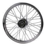 A Moto Iron® Chrome Front 40 Spoke Wheel 19 "x 2.15" (fits Harley FXD 2000-03, Sportster 2000-07) Billet Hub on a white background.