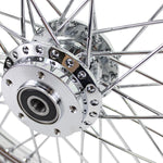 A Moto Iron® 19” × 2.15” front wheel for 2000-2007 Harley-Davidson Dyna and Sportster, featuring a spoked chrome design and central hub, shown from the side against a white background.