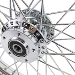A close up image of a Moto Iron® chrome front wheel with 40 spokes on a motorcycle.