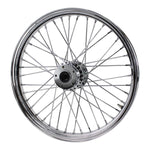 The Moto Iron® 19” × 2.15” Front Wheel for 1984-1999 Harley-Davidson Big Twin, featuring chrome spokes and a central hub, is shown side view on a white background.