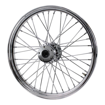 A Moto Iron® Chrome Front 40 Spoke Wheel 21 "x 2.15" fits Harley FXST, FXDWG, 1984-1999 fits Moto Iron Springers on a white background.