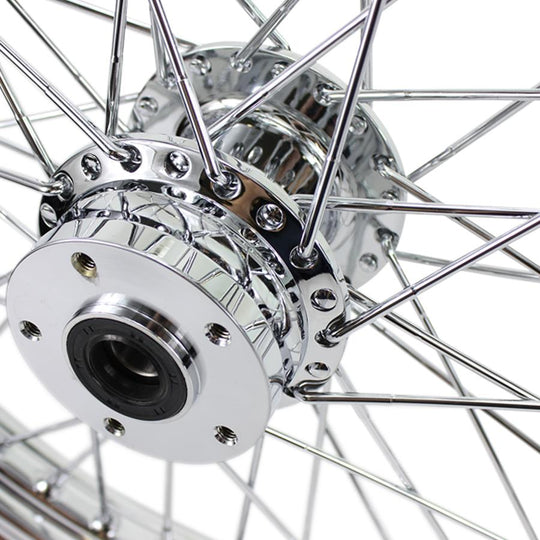 A close up of a Moto Iron® Chrome Front 40 Spoke Wheel 21 "x 2.15" fits Harley FXST, FXDWG, 1984-1999 fits Moto Iron Springers on a white background.