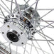 A close up of a Moto Iron® Chrome Front 40 Spoke Wheel 21 "x 2.15" fits Harley FXST, FXDWG, 1984-1999 fits Moto Iron Springers on a white background.