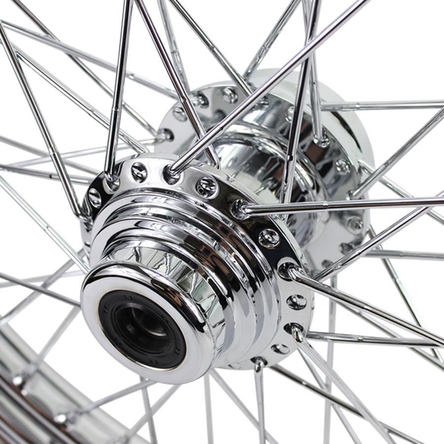 A close up of a chrome spoked Moto Iron® 40 Spoke Wheel on a white background.