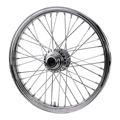 A Moto Iron® Chrome Front 40 Spoke Wheel 21 "x 2.15" fits Harley FXST, FXDWG, 1984-1999 fits Moto Iron Springers on a white background.