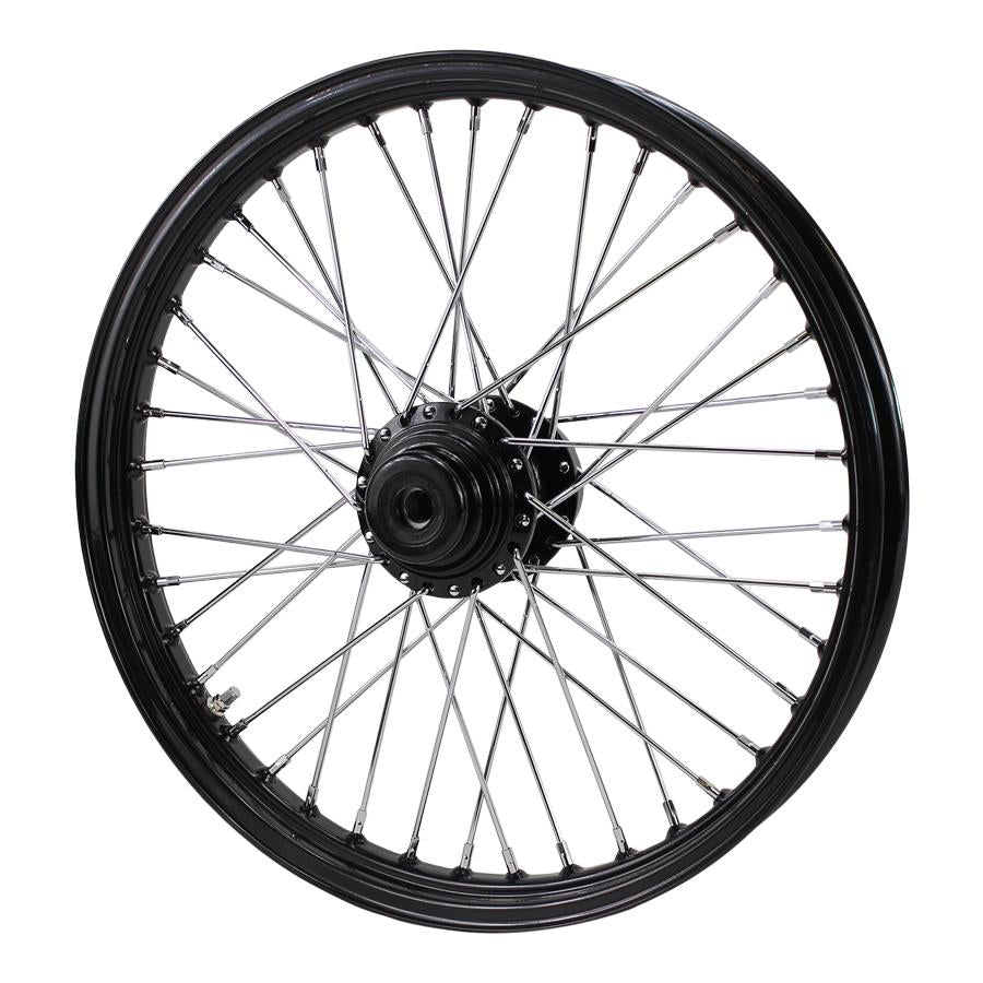 A Moto Iron® black spoked wheel on a white background, perfect for Harley FXST Softail owners.