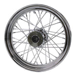 A Moto Iron® 16” × 3” chrome spoked front wheel for 1984-1999 Harley-Davidson Big Twin and Moto Iron Springers, showing the hub, spokes, and rim in detail, viewed from the front.