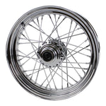 A Moto Iron® 16” × 3” chrome spoked front wheel for 1984-1999 Harley-Davidson Big Twin and Moto Iron Springers, showing the hub, spokes, and rim in detail, viewed from the front.