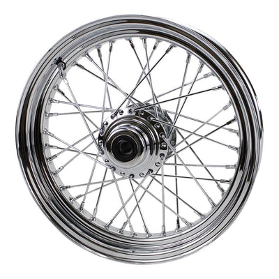 A Moto Iron® Chrome Front 40 Spoke Wheel 16"x 3" fits Harley FLST 1984-1999 (fits Moto Iron Springers) Billet Hub with spokes on a white background.