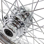 A Moto Iron® 16” × 3” chrome spoked front wheel for 1984-1999 Harley-Davidson Big Twin and Moto Iron Springers, showing the hub, spokes, and rim in detail, viewed from the front.