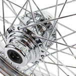 A close up of a chrome Moto Iron® 40 spoke wheel on a white background with 40 spokes
