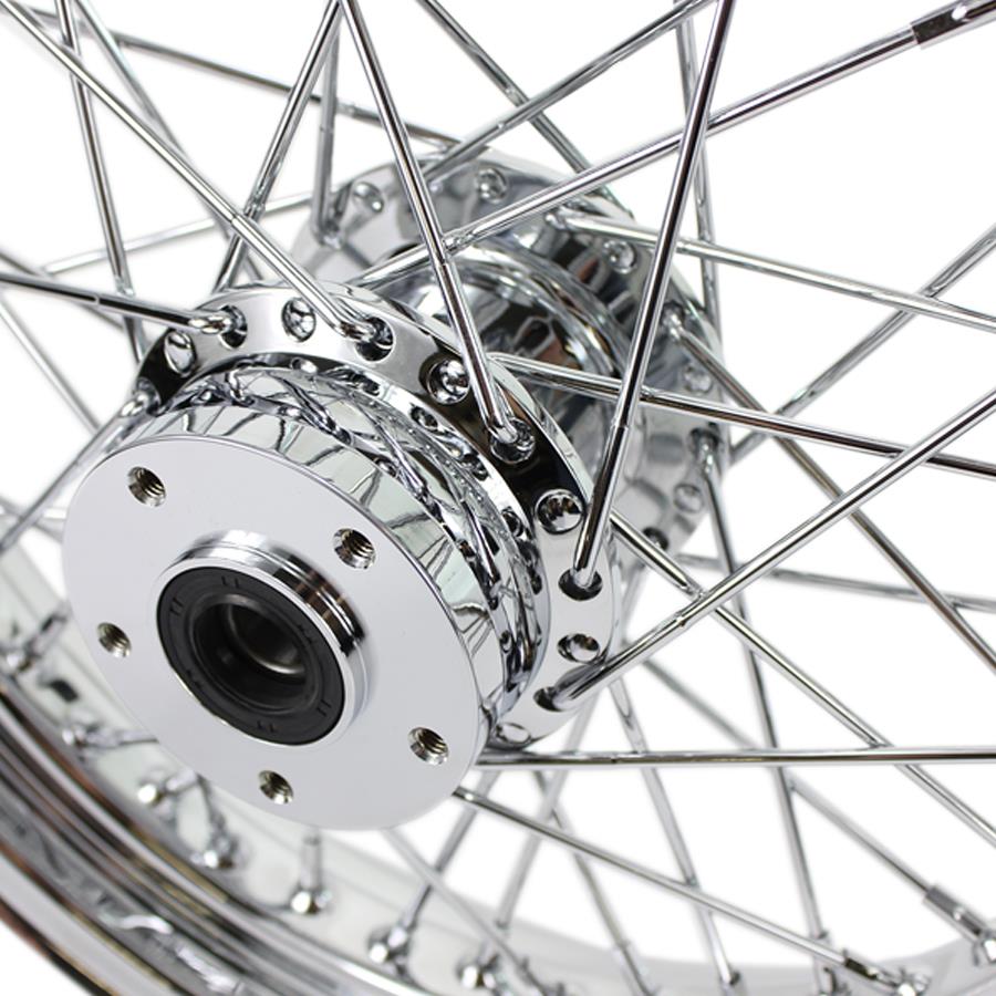 A close up of a Moto Iron® Chrome Front 40 Spoke Wheel 16"x 3" fits Harley FLST 1984-1999 (fits Moto Iron Springers) Billet Hub on a white background.