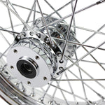 A Moto Iron® 16” × 3” chrome spoked front wheel for 1984-1999 Harley-Davidson Big Twin and Moto Iron Springers, showing the hub, spokes, and rim in detail, viewed from the front.