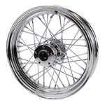 The Moto Iron® Complete 16 x 3 Rear Wheel for 1979-1999 Harley-Davidson features a triple chrome-plated finish and multiple spokes, viewed from the side against a white background.