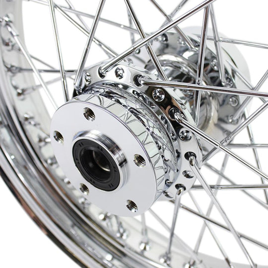 The Moto Iron® Complete 16 x 3 Rear Wheel for 1979-1999 Harley-Davidson features a triple chrome-plated finish and multiple spokes, viewed from the side against a white background.