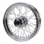 The Moto Iron® Complete 16 x 3 Rear Wheel for 1979-1999 Harley-Davidson features a triple chrome-plated finish and multiple spokes, viewed from the side against a white background.