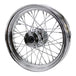 The Moto Iron® Complete 16 x 3 Rear Wheel for 1979-1999 Harley-Davidson features a triple chrome-plated finish and multiple spokes, viewed from the side against a white background.