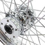 The Moto Iron® Complete 16 x 3 Rear Wheel for 1979-1999 Harley-Davidson features a triple chrome-plated finish and multiple spokes, viewed from the side against a white background.