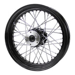 The Moto Iron® Complete 16 x 3 Rear Wheel for 1979-1999 Harley-Davidson features a black sealed rim, silver hub, and chrome spokes—offering a classic look for your Big Twin.