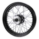 The Moto Iron® Complete 16 x 3 Rear Wheel for 1979-1999 Harley-Davidson features a black sealed rim, silver hub, and chrome spokes—offering a classic look for your Big Twin.