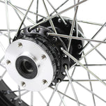 The Moto Iron® Complete 16 x 3 Rear Wheel for 1979-1999 Harley-Davidson features a black sealed rim, silver hub, and chrome spokes—offering a classic look for your Big Twin.