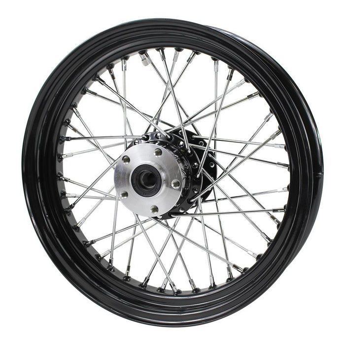 A Moto Iron® black spoked wheel on a white background, suitable for Harley models.