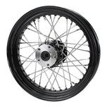 The Moto Iron® Complete 16 x 3 Rear Wheel for 1979-1999 Harley-Davidson features a black sealed rim, silver hub, and chrome spokes—offering a classic look for your Big Twin.