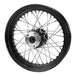 The Moto Iron® Complete 16 x 3 Rear Wheel for 1979-1999 Harley-Davidson features a black sealed rim, silver hub, and chrome spokes—offering a classic look for your Big Twin.