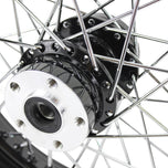 The Moto Iron® Complete 16 x 3 Rear Wheel for 1979-1999 Harley-Davidson features a black sealed rim, silver hub, and chrome spokes—offering a classic look for your Big Twin.