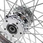 The Moto Iron® 16” × 3” rear wheel fits 2000-2007 Harley-Davidson Big Twin and Sportster models, shown in chrome and black finishes with a durable spoked design.