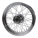 The Moto Iron® 16” × 3” rear wheel fits 2000-2007 Harley-Davidson Big Twin and Sportster models, shown in chrome and black finishes with a durable spoked design.