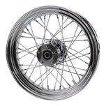 A Moto Iron® Chrome Rear 40 Spoke Wheel 16"x3" (fits Harley FLT 00-01, FXST 00-07, Dyna 00-05, Sportster 00-04) with spokes on a white background, featuring 3/4" ID sealed bearings.