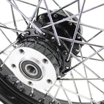 The Moto Iron® 16” × 3” rear wheel fits 2000-2007 Harley-Davidson Big Twin and Sportster models, shown in chrome and black finishes with a durable spoked design.