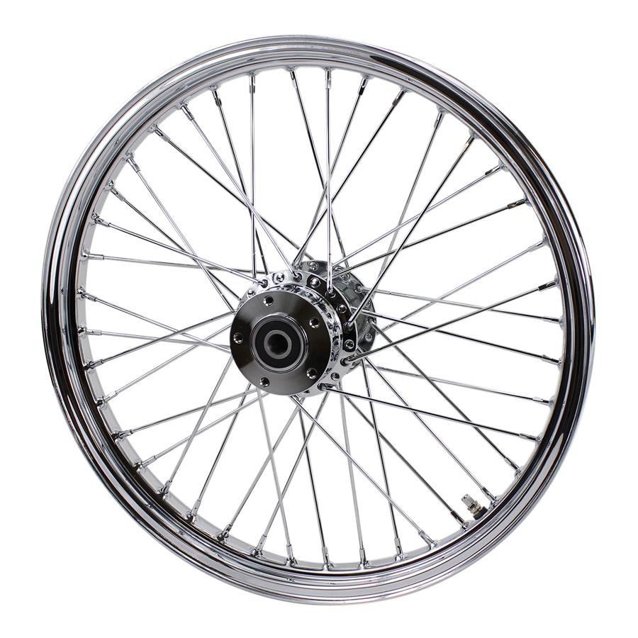 A Moto Iron® Chrome Front 40 Spoke Wheel 21"x2.15" (fits Harley Softail 2000-2006, Dyna FXDWG 2000-2005) on a white background.