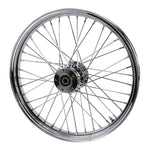 A Moto Iron® 21” × 2.15” chrome front wheel for 2000-2006 Harley-Davidson Big Twin, featuring classic spokes and a central hub, is shown side-on against a white background.