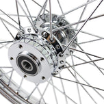 A close up image of a Moto Iron® Chrome Front 40 Spoke Wheel 21"x2.15" (fits Harley Softail 2000-2006, Dyna FXDWG 2000-2005) on a Harley Softail.