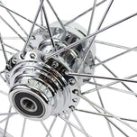A close up image of a Moto Iron® Chrome Front 40 Spoke Wheel 21"x2.15" (fits Harley Softail 2000-2006, Dyna FXDWG 2000-2005) on a Harley Softail.