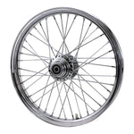 A Moto Iron® 21” × 2.15” chrome front wheel for 2000-2006 Harley-Davidson Big Twin, featuring classic spokes and a central hub, is shown side-on against a white background.