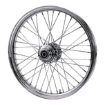 A Moto Iron® Chrome Front 40 Spoke Wheel 21"x2.15" (fits Harley Softail 2000-2006, Dyna FXDWG 2000-2005) on a white background.