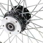 A close up of a Moto Iron® Black Front 40 Spoke Wheel 21"x2.15" (fits Harley Softail 2000-2006, Dyna FXDWG 2000-2005).