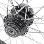 A close up of a Moto Iron® Black Front 40 Spoke Wheel 21"x2.15" (fits Harley Softail 2000-2006, Dyna FXDWG 2000-2005) on a white background.