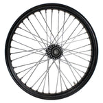 Moto Iron® 40 Spoke 21" × 2.15" Front Chopper Spool Wheels—one black rim, one chrome—are displayed next to bold "21'' SPOOL" text.