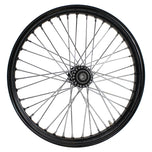 The Moto Iron® 40 spoke 21 x 2.15 Chopper Spool Wheel features a black finish, metal spokes, and a sturdy central hub with a sealed rim design for enhanced durability and style, all viewed from the side against a white background.