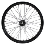 Moto Iron® 40 Spoke 21" × 2.15" Front Chopper Spool Wheels—one black rim, one chrome—are displayed next to bold "21'' SPOOL" text.