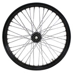 The Moto Iron® 40 spoke 21 x 2.15 Chopper Spool Wheel features a black finish, metal spokes, and a sturdy central hub with a sealed rim design for enhanced durability and style, all viewed from the side against a white background.