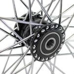 Moto Iron® 40 Spoke 21" × 2.15" Front Chopper Spool Wheels—one black rim, one chrome—are displayed next to bold "21'' SPOOL" text.