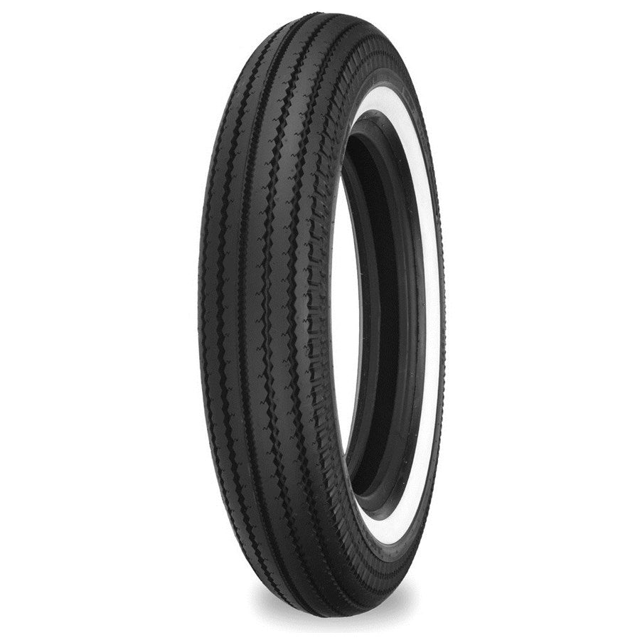A Shinko 270 Vintage Style Front/Rear Tire 4.00-18 White Wall 64H with a classic appearance on a white background.