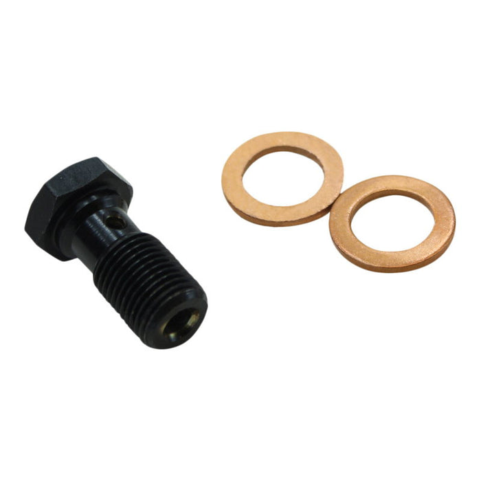 Six Goodridge Banjo Bolts and seven copper washers by Goodridge are arranged on a white background, showcasing key components for brake lines and fluid transfer systems.