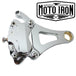 A Moto Iron® Left Side Springer Brake Caliper Kit in chrome, including bolts, washers, spacers, and a linkage rod, is displayed on a white background.