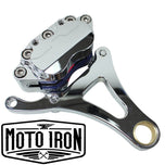 A Moto Iron® Left Side Springer Brake Caliper Kit in chrome, including bolts, washers, spacers, and a linkage rod, is displayed on a white background.